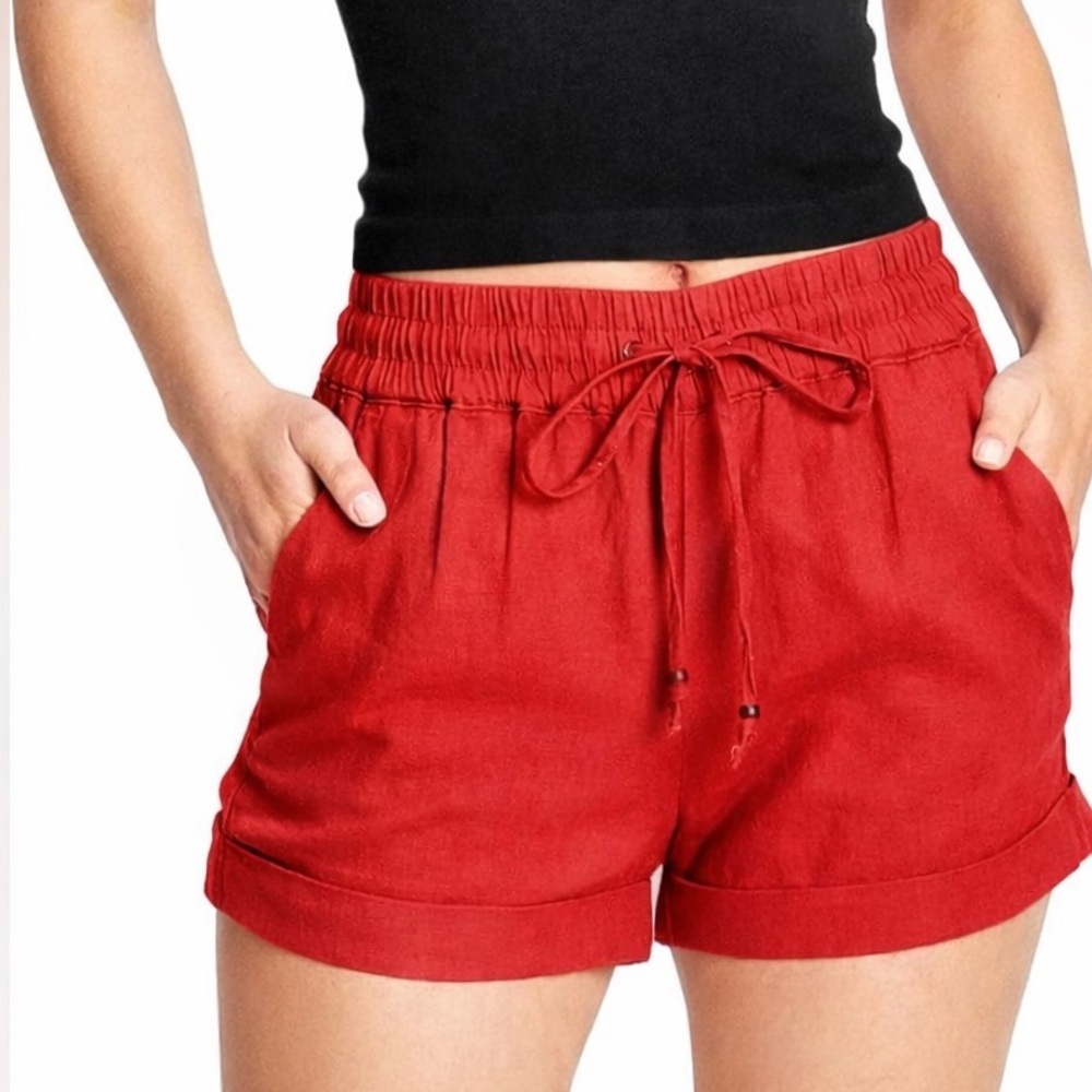 Love Tree Red High-Waist Drawstring Linen Shorts